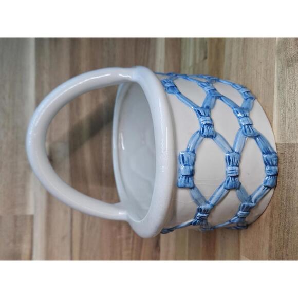 Vintage Italian Ceramic Lattice Basket Blue Woven Pottery 7" Tall Spring/Easter - Picture 3 of 15